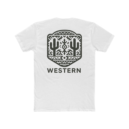 White t-shirt with graphic of mirrored cacti surrounded by aztec pattern and enclosed in a geometric border with word western below #white