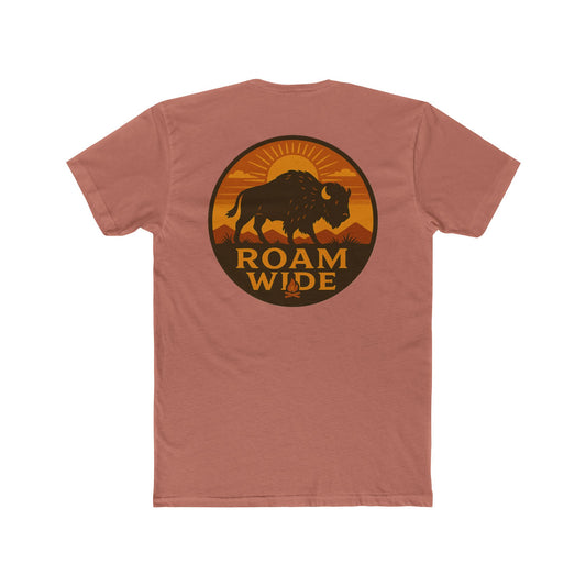Desert Pink t-shirt with circular graphic with a bison, mountains, campfire, sun shining, and the words roam wide #desertpink