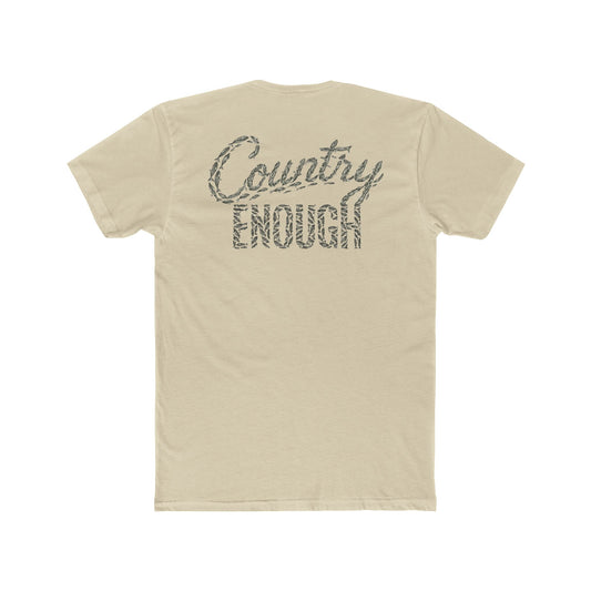 Cream t-shirt with graphic of the words country enough shaped with fish #cream