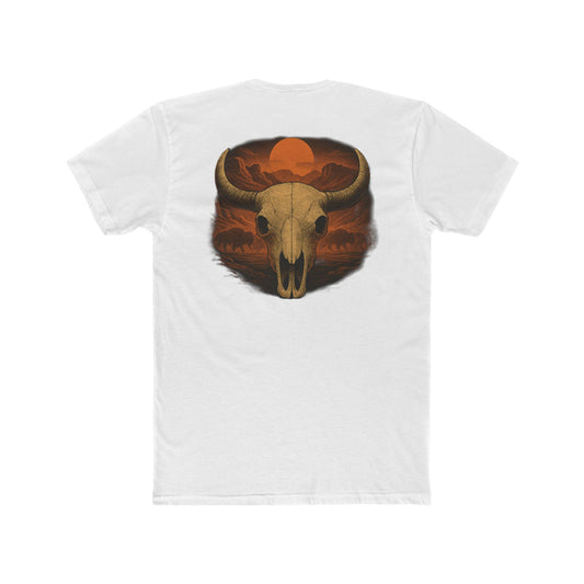 White t-shirt with graphic of bison skull, bison silhouettes, valley landscape, and a sun #white