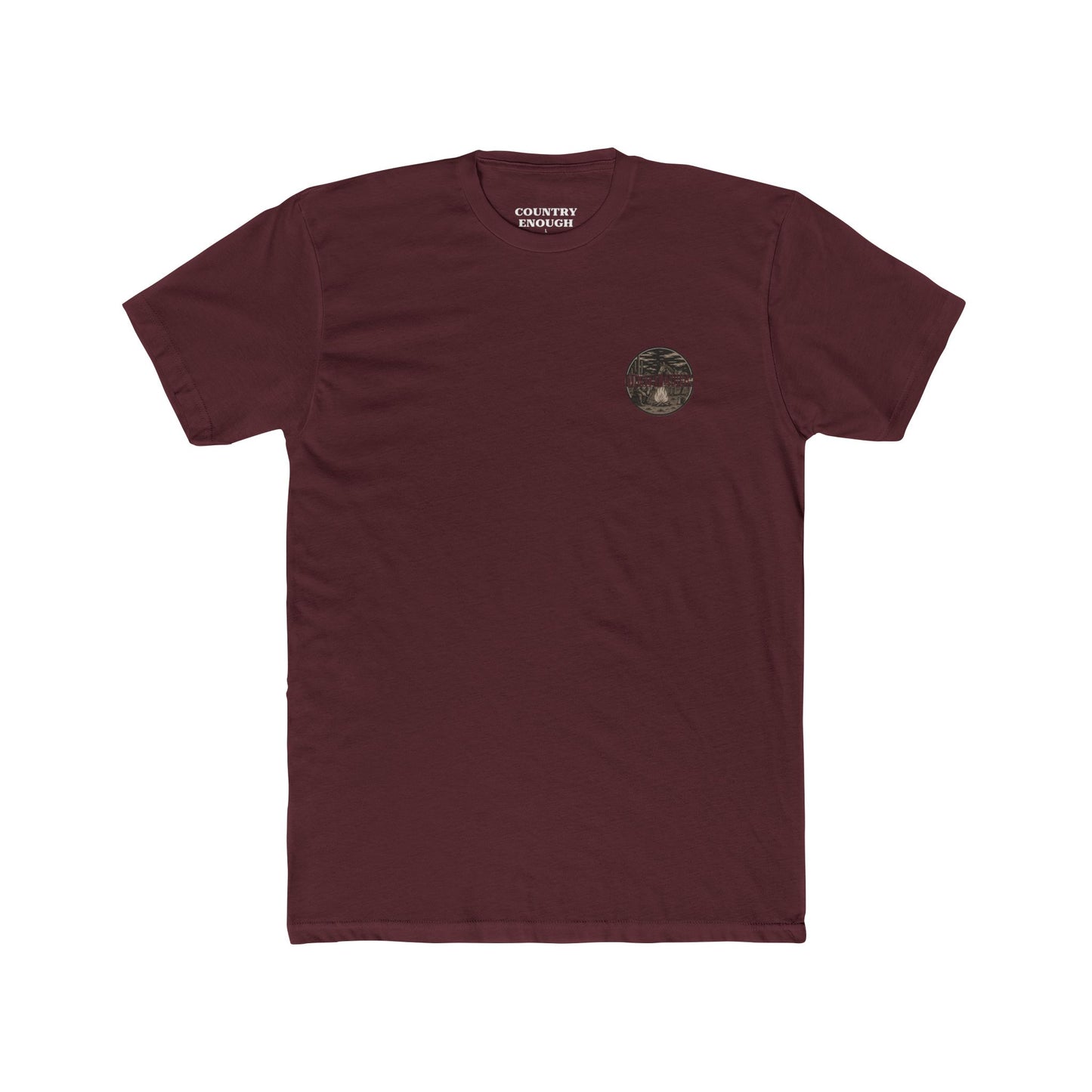 Maroon t-shirt with graphic of cowboy and horse sitting at a campfire in a desert landscape #maroon
