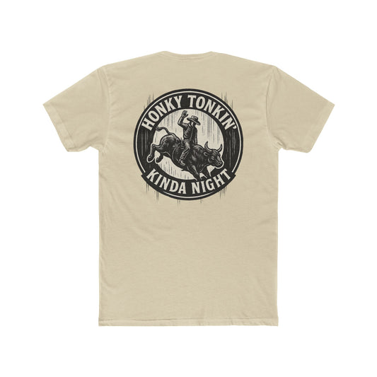 Cream t-shirt with circular graphic of a bucking bull with rider and the phrase honky tonkin' kind night #cream