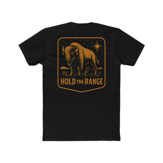 Black T-Shirt with a bison, starry sky, and the words hold the range encompassed with a geometric border #black