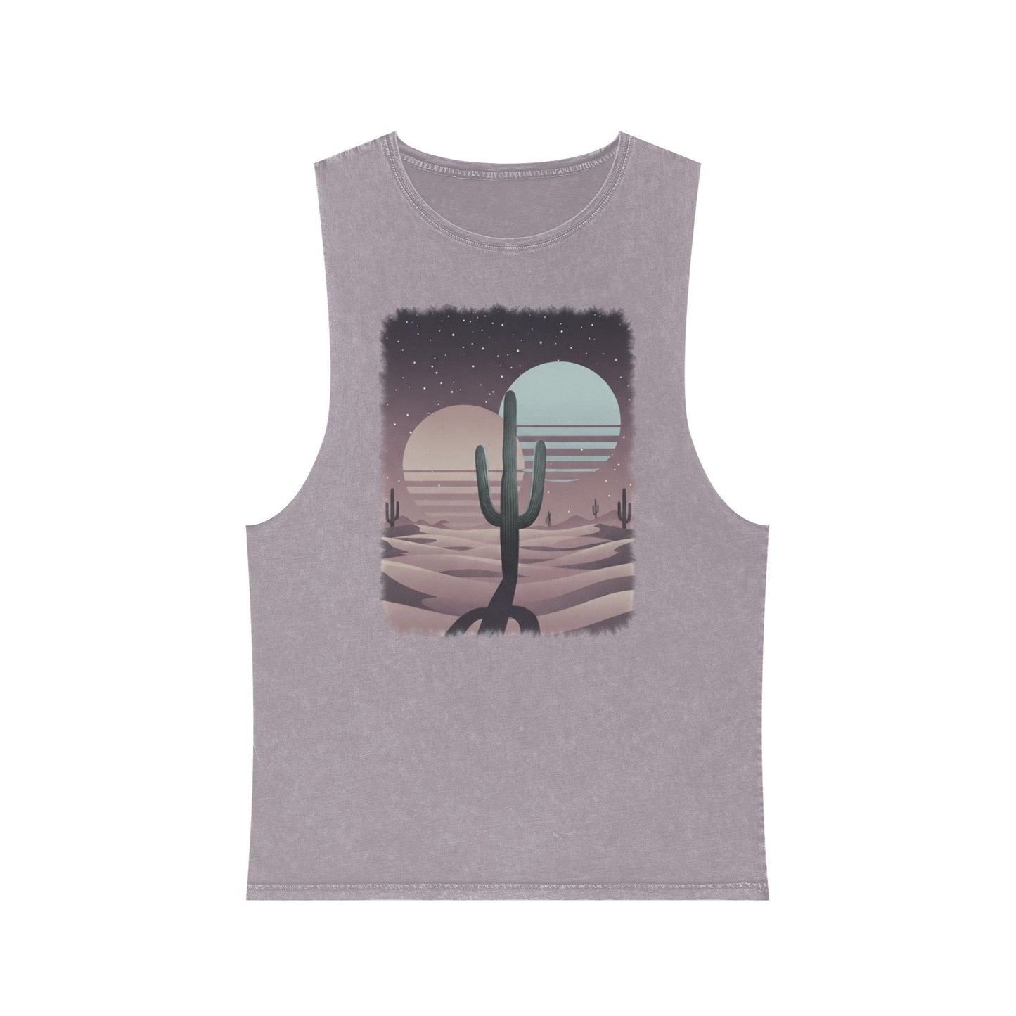 Orchid Stone distressed wash tank top with a sun, moon, and cacti across a desert landscape graphic #orchidstone