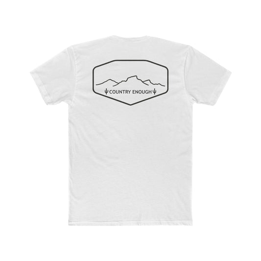 White t-shirt with graphic of a line mountain drawing, cacti and the words Country Enough #white