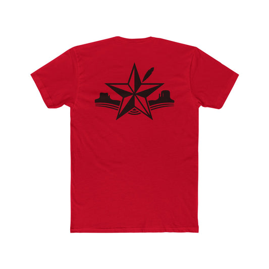 Red t-shirt with star, feather, and mountain graphic design #red