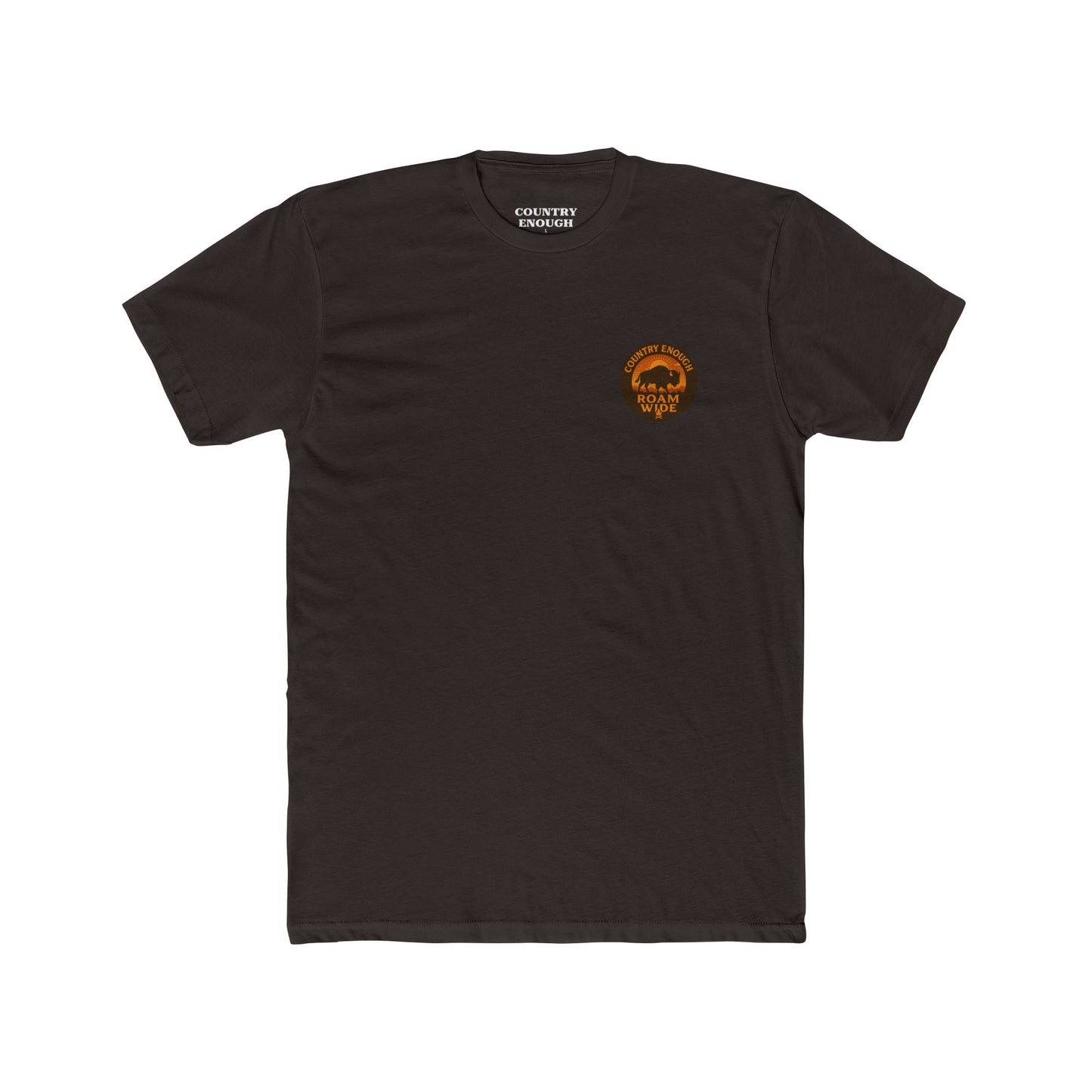 Dark Brown t-shirt with circular graphic with a bison, mountains, campfire, sun shining, and the words roam wide #darkbrown
