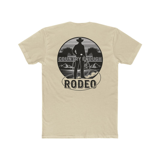 Cream t-shirt with words country enough and rodeo, a cowboy silhouette, horses, lasso and mountains #cream
