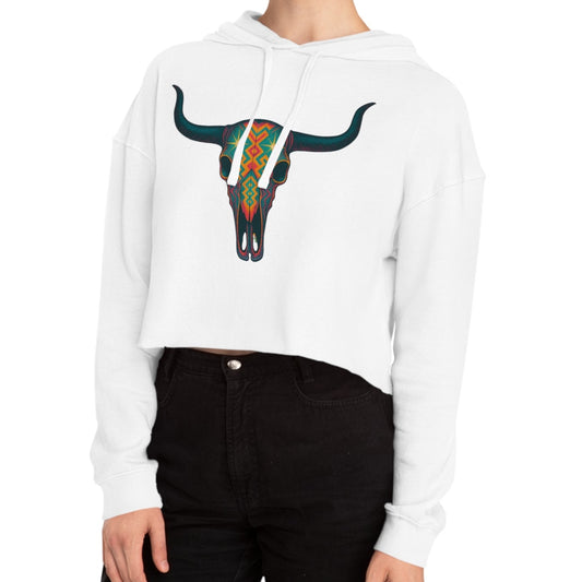 White hoodie with a colorful bull skull design #white