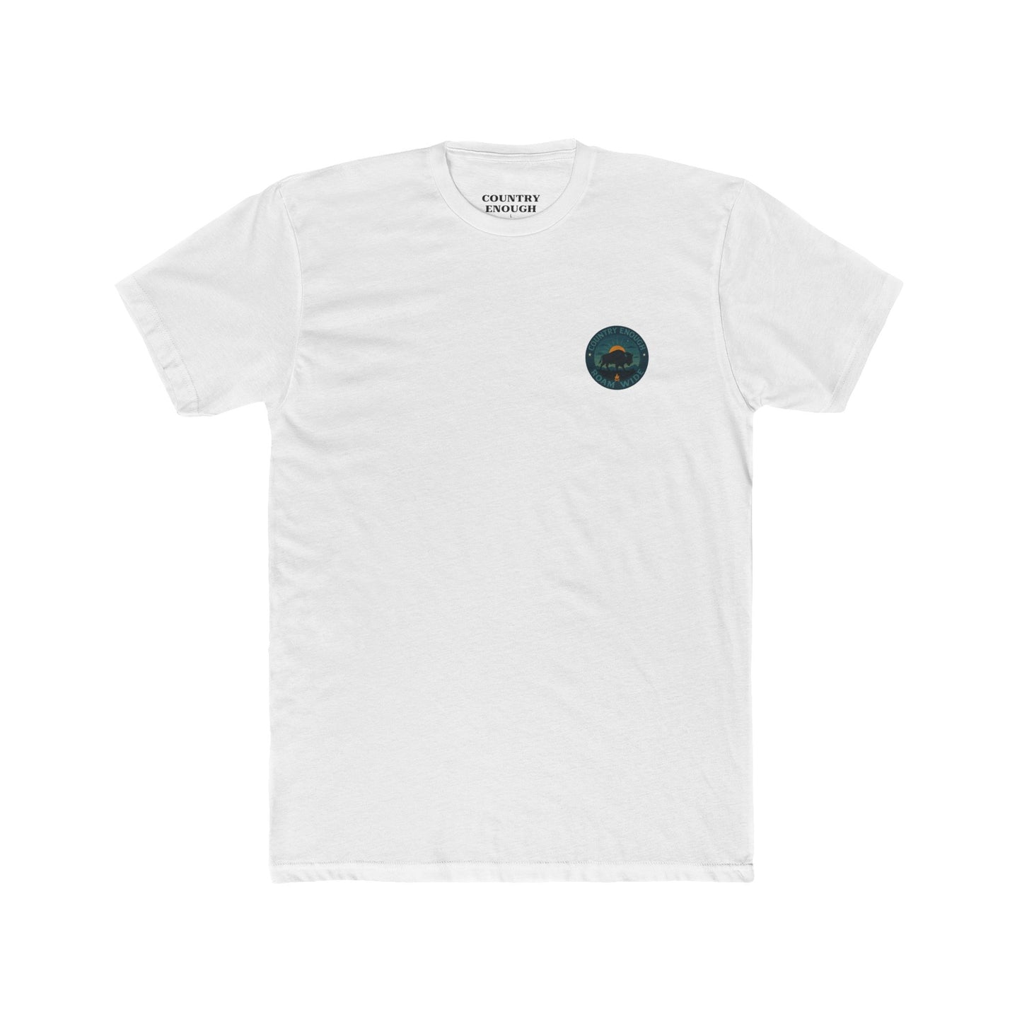 White T-Shirt with graphic of bison, sun, mountains, and the words roam wide #white