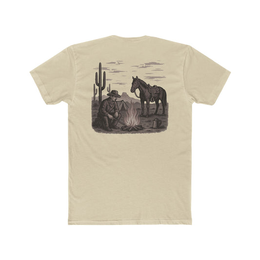 Cream t-shirt with graphic of cowboy and horse sitting at a campfire in a desert landscape #cream
