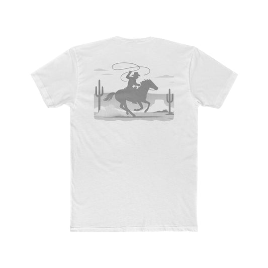 White t-shirt with horse and rider swirling a lasso on desert landscape graphic #white