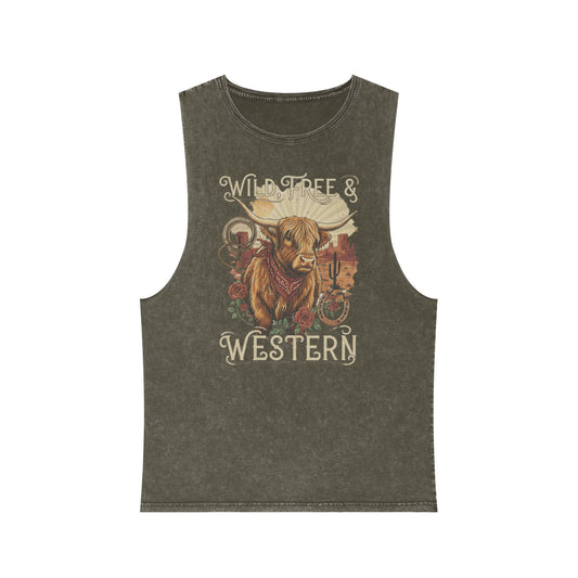 Moss Stone distressed wash tank top with a highland cow, desert landscape graphic #mossstone