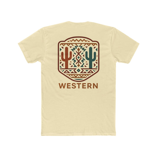 Natural t-shirt with graphic of mirrored cacti surrounded by aztec pattern and enclosed in a geometric border with word western below #natural