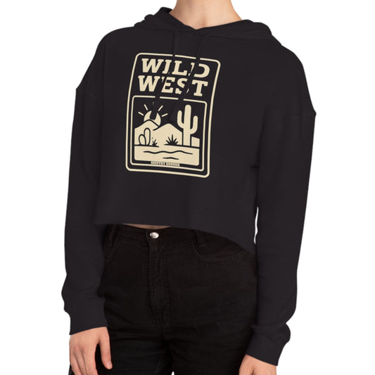 Black hoodie with sunset, desert landscape, and wild west text graphic #black