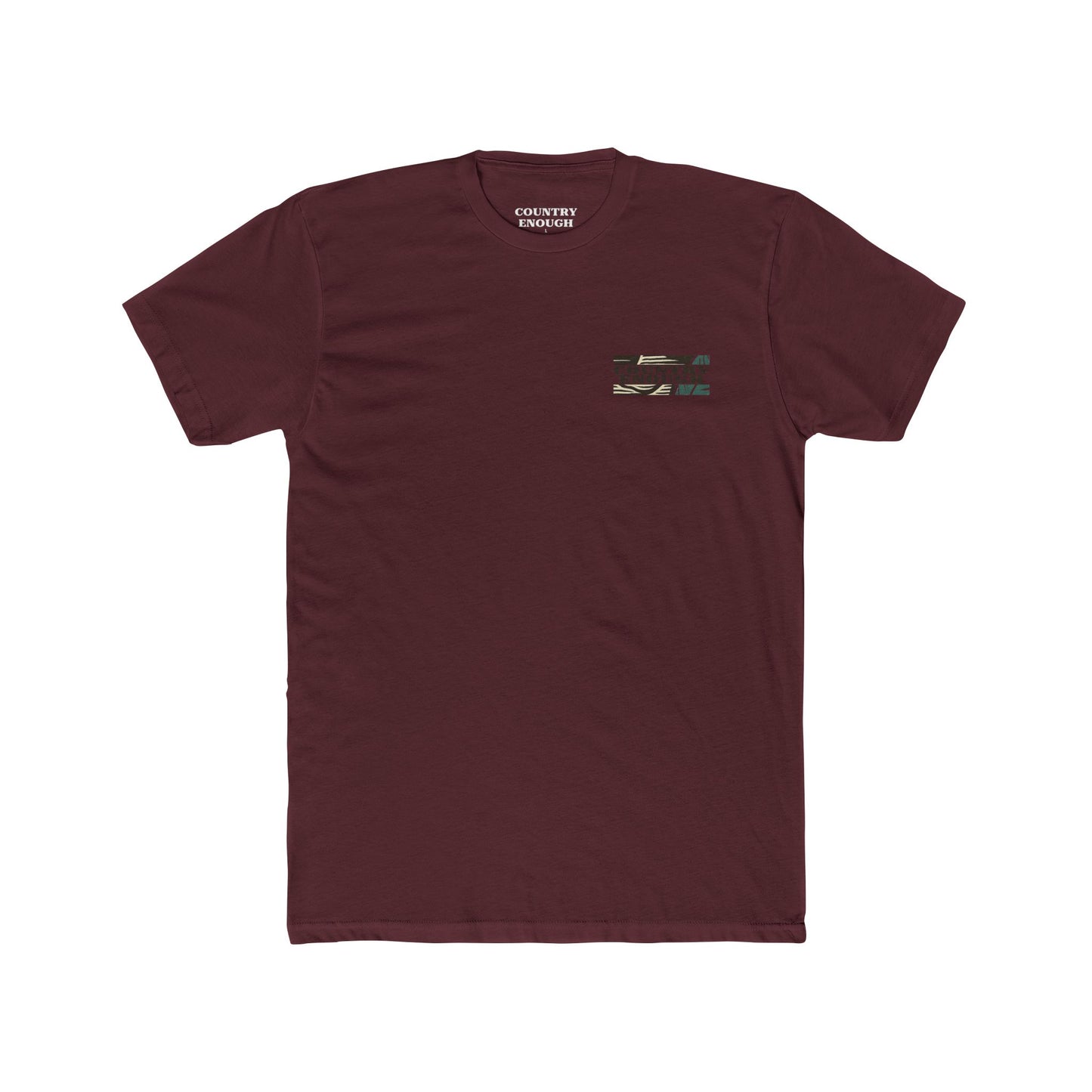Maroon t-shirt with graphic of a big star, mountain design inside the star, and large feather overlapping #maroon