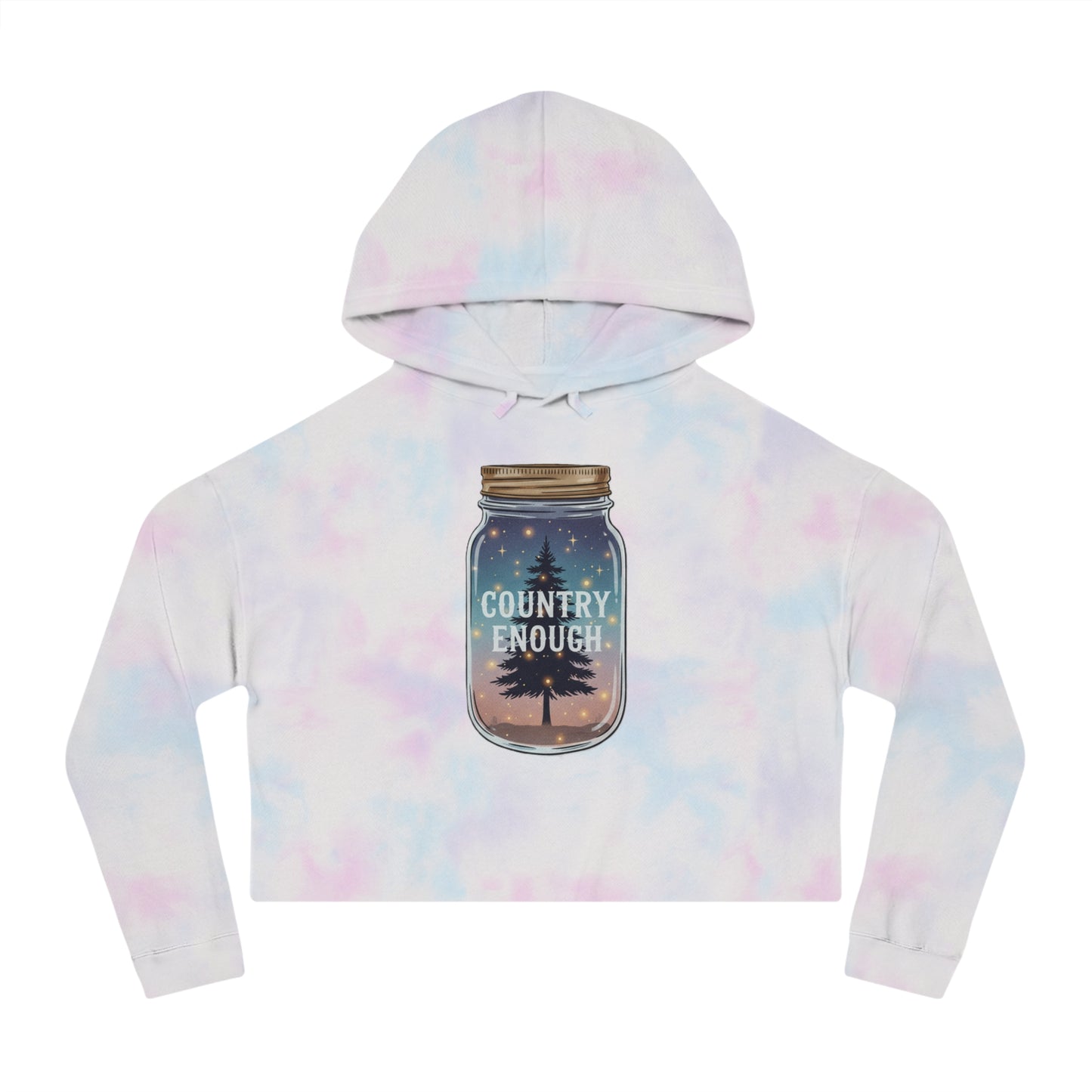 Tie-dye cotton candy crop hoodie with mason jar, pine trees, and stars graphic #tie-dyecottoncandy