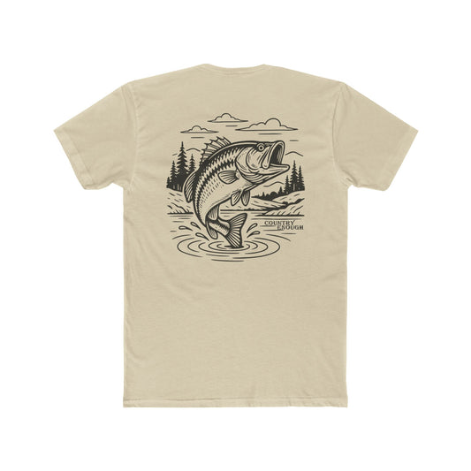 Cream t-shirt with graphic of a bass jumping out of mountainside water #cream