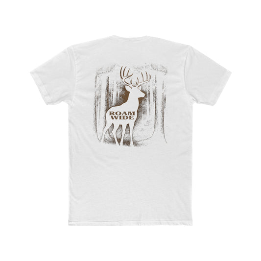 White t-shirt with graphic design of a buck in the woods and words roam wide #white