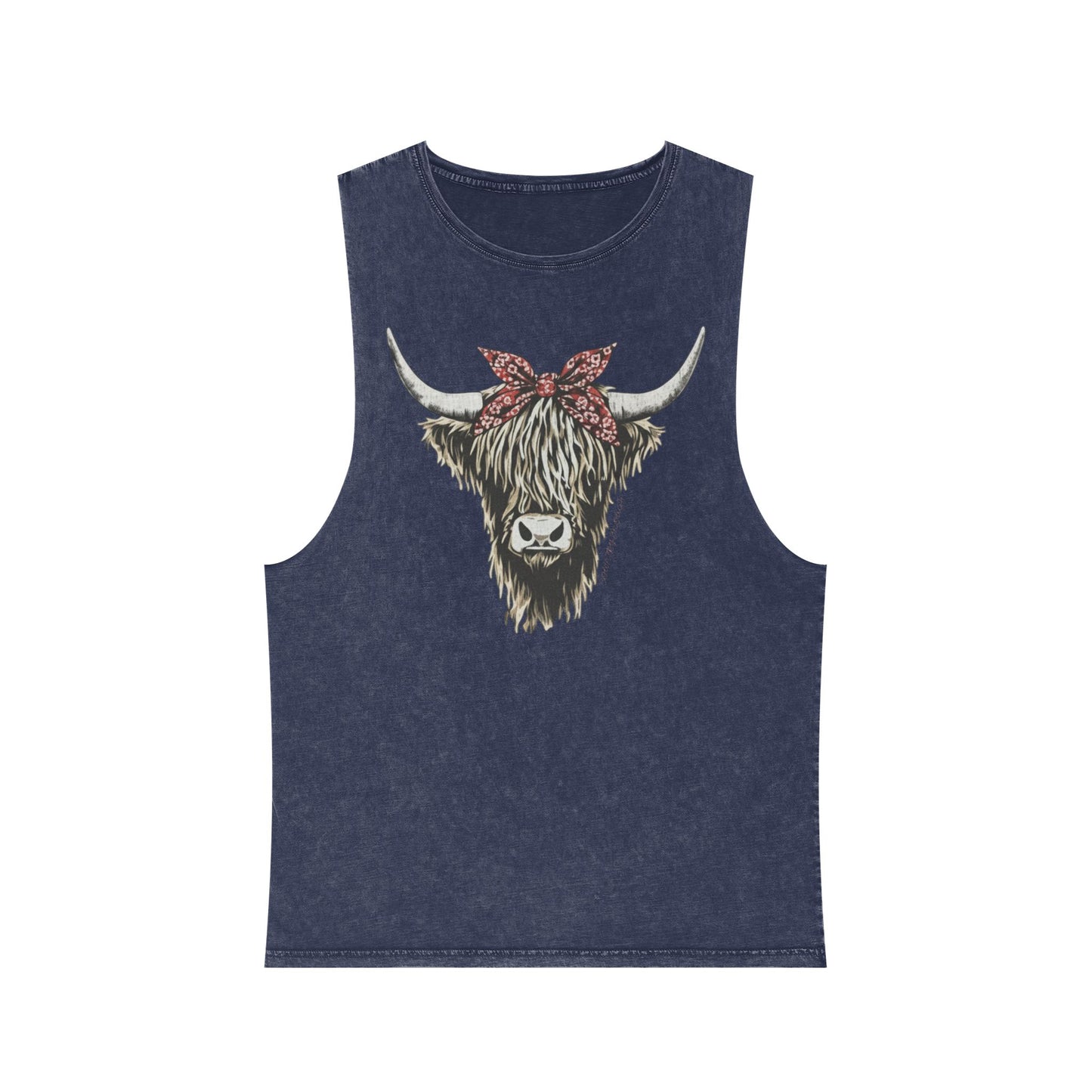 Blue Stone distressed washed tank top with a Highland cow in a red bandana bow graphic #bluestone