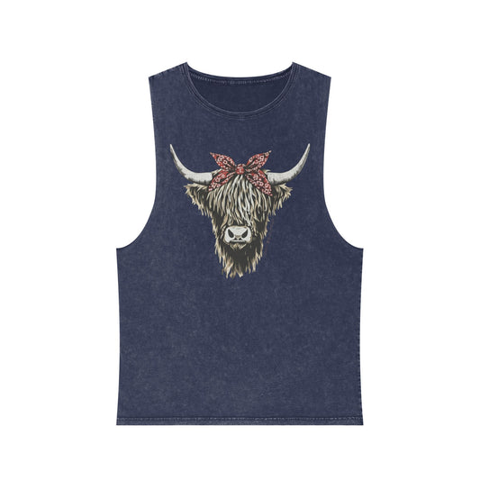 Blue Stone distressed washed tank top with a Highland cow in a red bandana bow graphic #bluestone