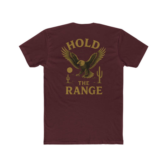 Maroon t-shirt with graphic of an eagle, desert landscape, and the words hold the range #maroon