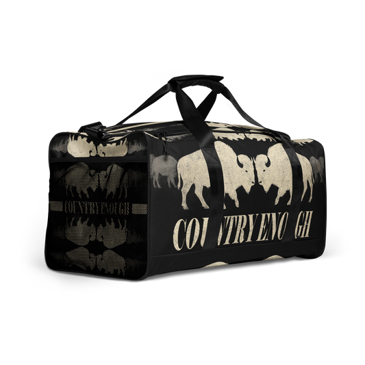 Duffel bag with graphic of mirrored bison and the words country enough #black