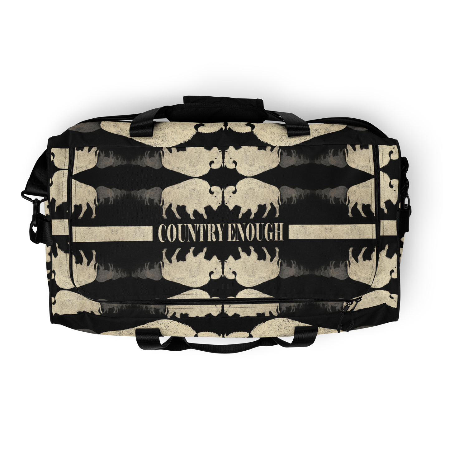 Duffel bag with graphic of mirrored bison and the words country enough #black