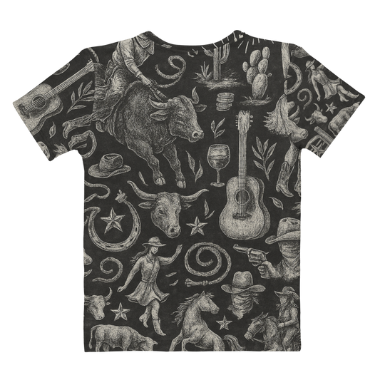t-shirt with graphic of western horses, cowgirls, rams, cacti, and more