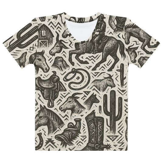 Multicolor t-shirt with graphic of western horses, cowgirls, rams, cacti, and more #multicolor