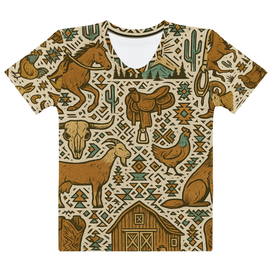t-shirt with graphic of western horses, cowgirls, rams, cacti, and more