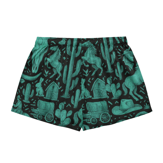 Black shorts with green/turquoise western graphics that include barns, cactus, wagons, and more #black