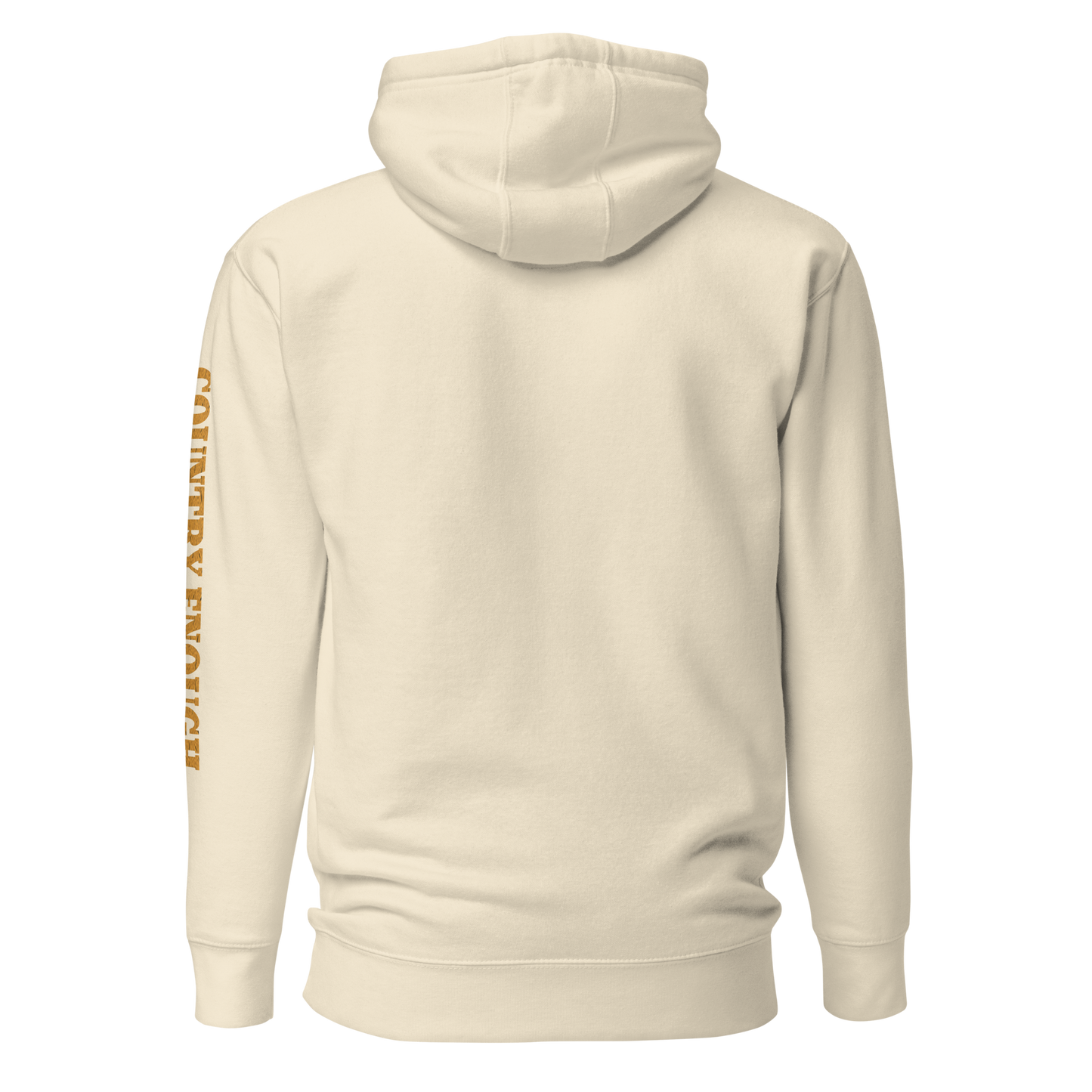 Cream hoodie with circular graphic of a bison, starry sky, and the words country enough and hold the range #cream