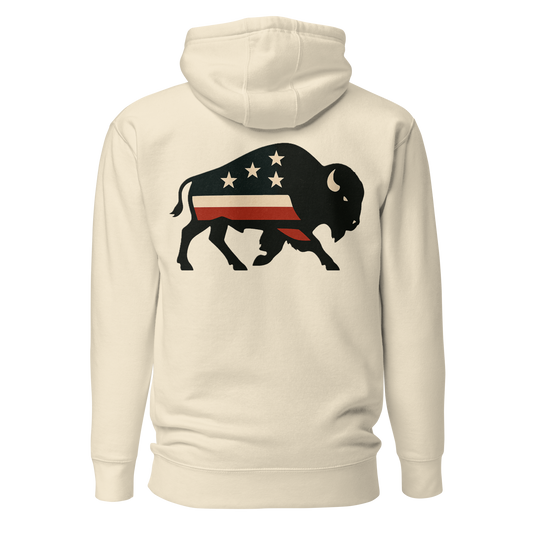 Cream hoodie with graphic of American flag filled bison #cream