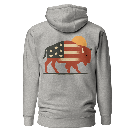 Carbon Gray hoodie with graphic of American flag filled bison and sun #carbongray