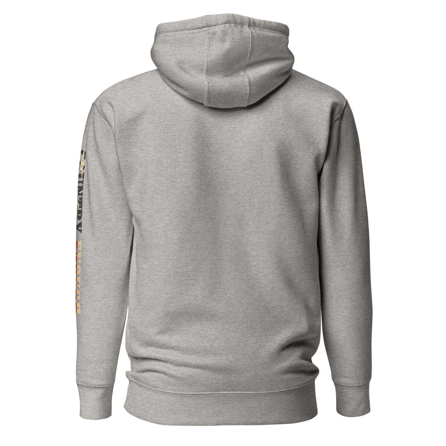 Carbon Gray hoodie with graphic of the words country enough filled with the American flag #carbongray