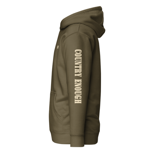Military Green hoodie with graphic of the words country enough #militarygreen