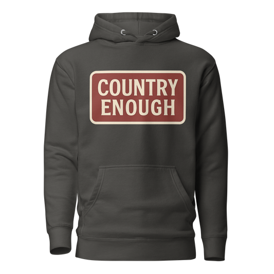 Vintage Black hoodie with rounded box graphic of the words country enough in a cream and maroon design #vintageblack