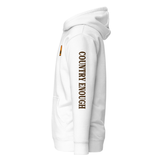 White hoodie with a chest logo that includes a based, sunset, mountains, and the words country enough #white