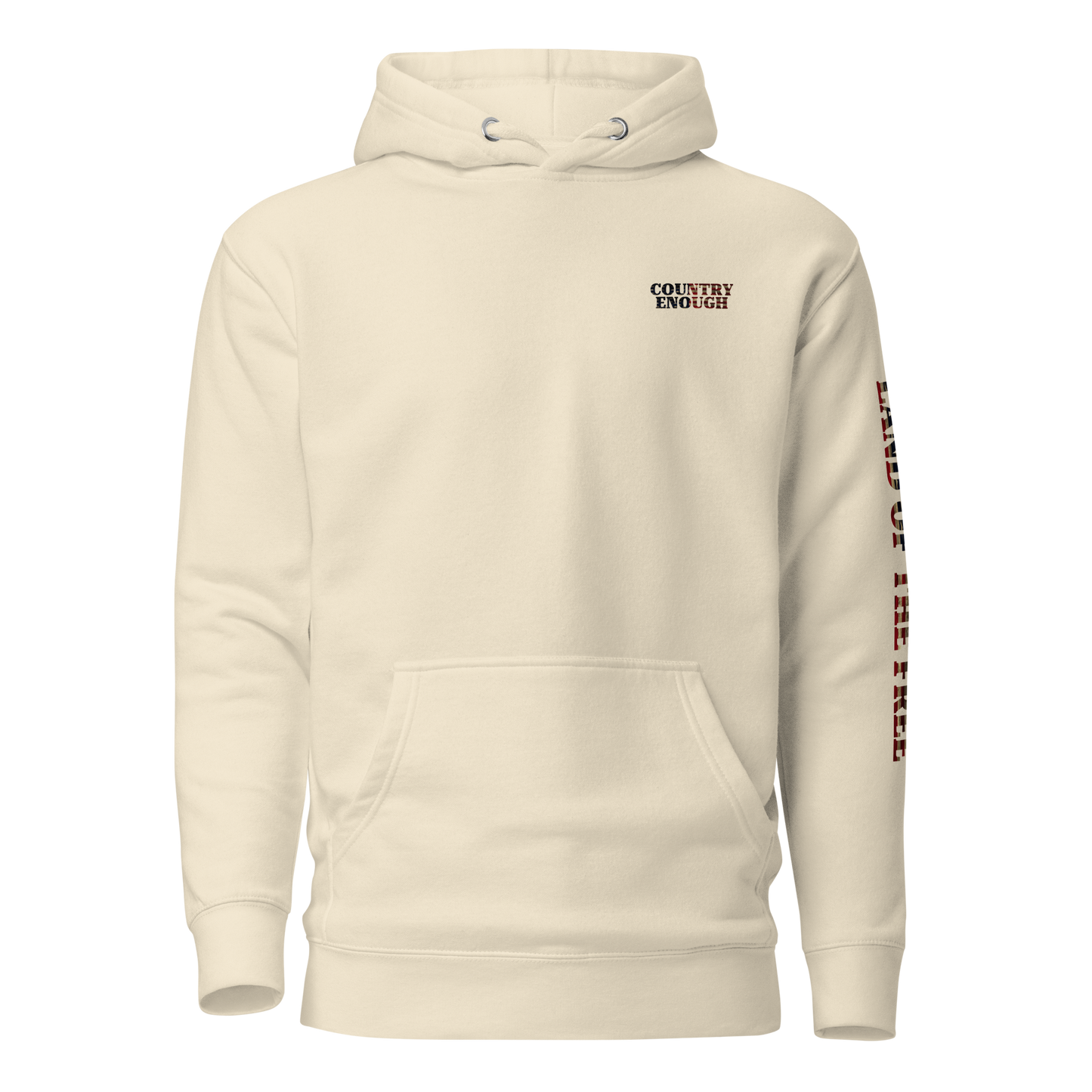 Bone hoodie with American flag fille words because of the brave on the back and land of the free on the sleeve #bone