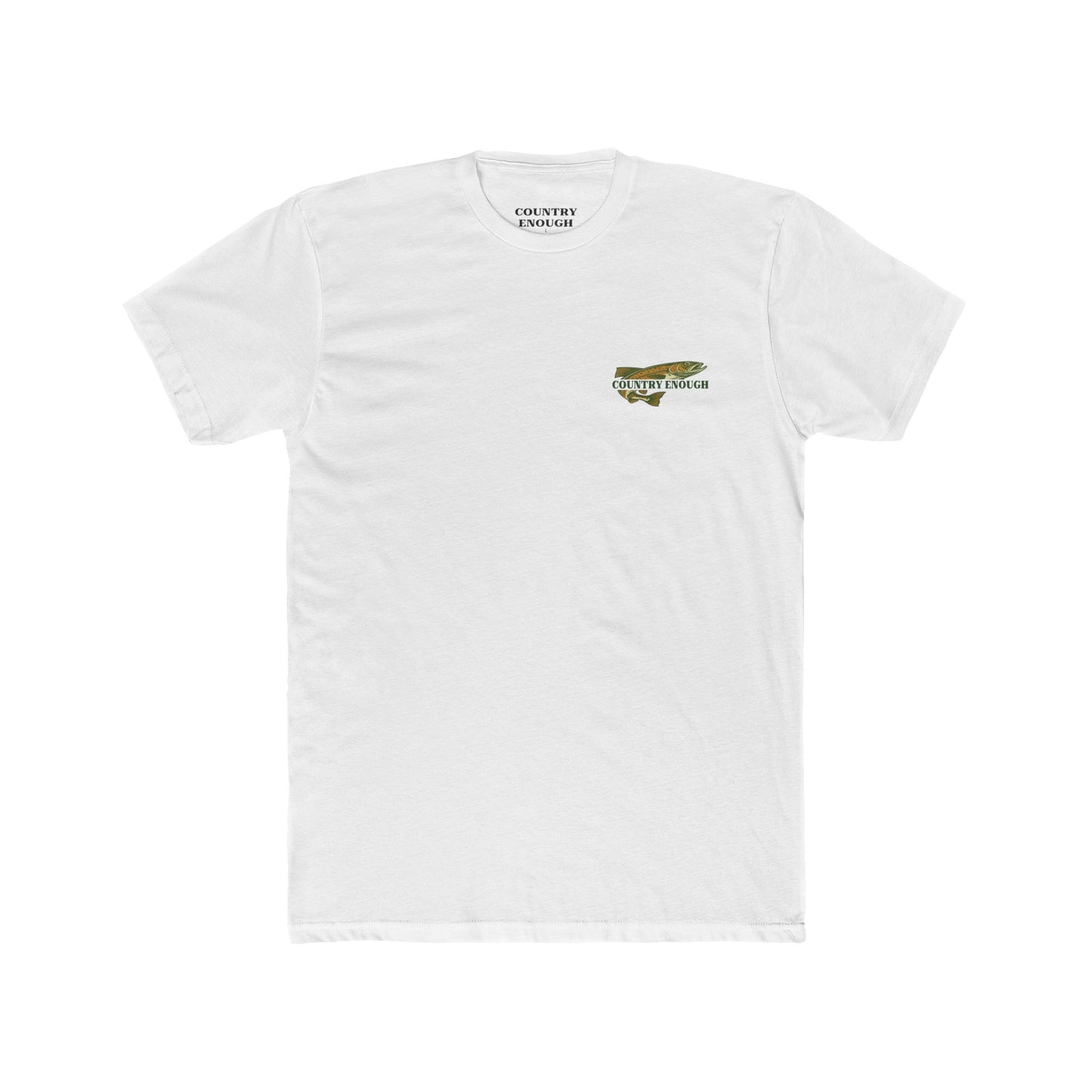 White t-shirt with a trout, mountains, trees and water graphic #white