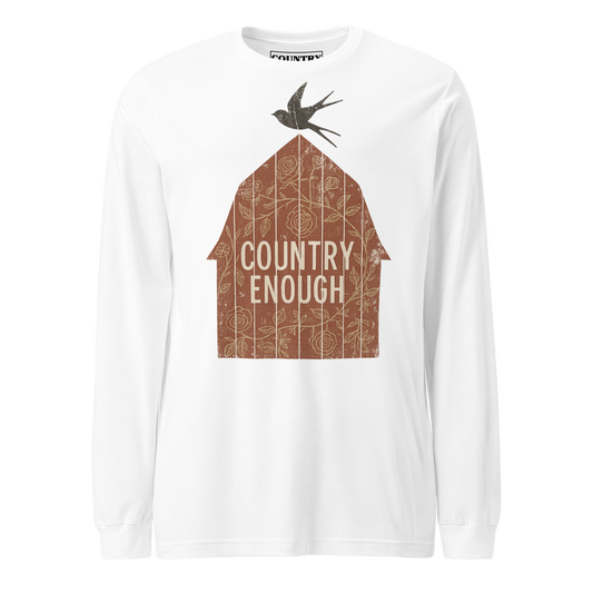White long sleeve shirt with barn graphic, bird, and country enough text #white