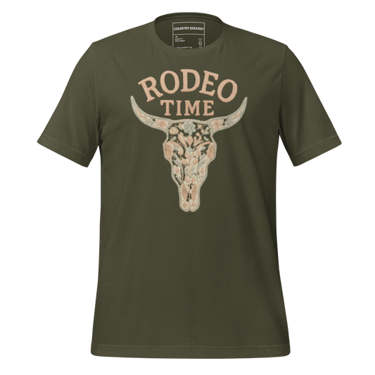 Military Green t-shirt with graphic of a bull skull filled with flower pattern and the words rodeo time above #militarygreen