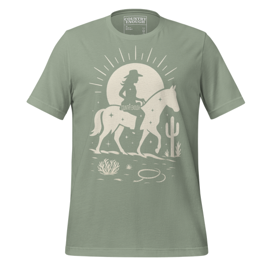 Sage t-shirt with sun, horse, cowgirl, and desert landscape in monochrome graphic #sage