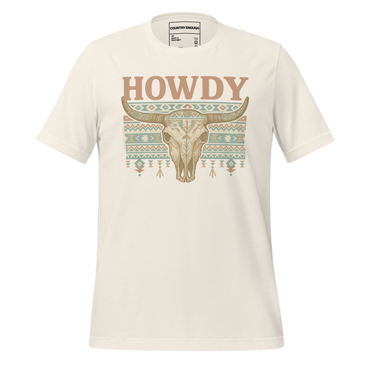 Vintage White t-shirt with graphic of bull skull, aztec pattern, and words howdy across the top #vintagewhite
