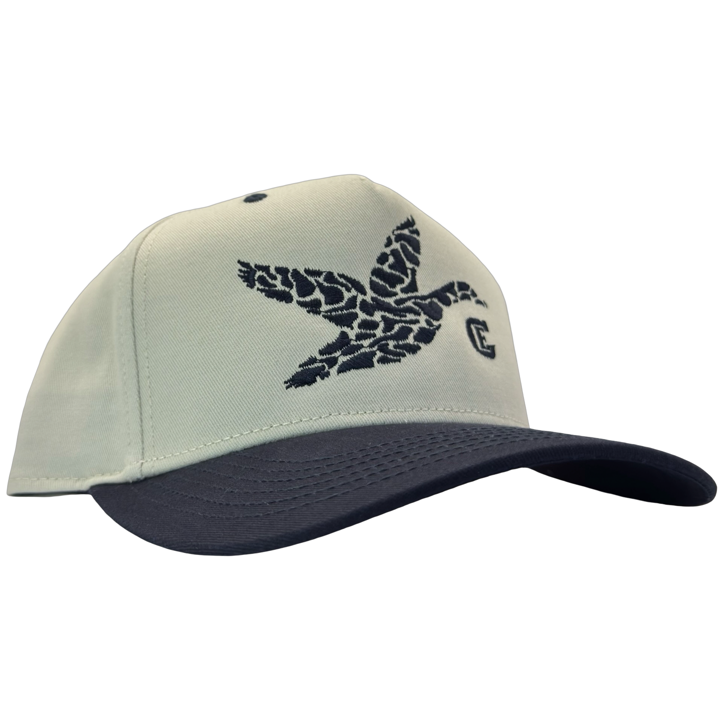 legacy heritage hta snapback with graphic of flying duck in a duck camo pattern with CE logo #navy