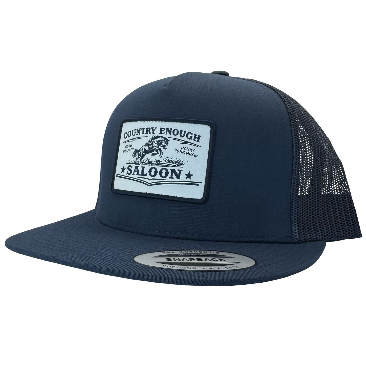 Yupoong 6006 flat bill with patch that contains graphic of a bucking horse and words country enough saloon, good whiskey, and honky tonk music #navy