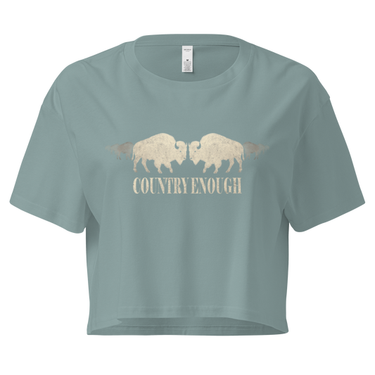 Mineral crop top with graphic of mirrored bison silhouette and words country enough #mineral