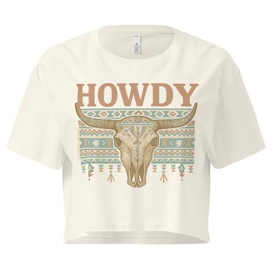 Natural crop top with graphic of bull skull, aztec pattern, and the word howdy #natural