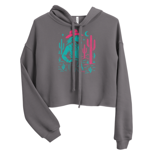 Gray crop hoodie with graphic of cowgirl, moon, and cacti #gray